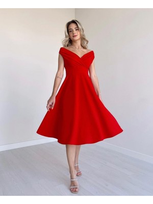 Emh Store Kadın Kısa Kollu Kruvaze Yaka Eteği Volanlı Krep Elbise