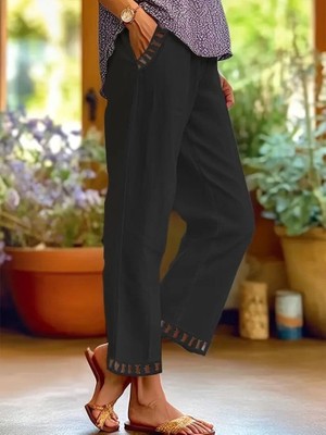 Emh Store Kadın Beli Lastikli Bağcıklı Cep ve Pantolon Ucu Güpür Detaylı Pantolon