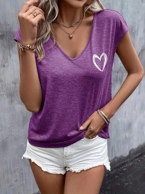 Emh Store Kadın Kısa Kollu V Yakalı Kalp Baskılı Viskon Bluz