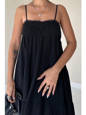 Emh Store Siyah Askılı Parçalı Müslin Elbise