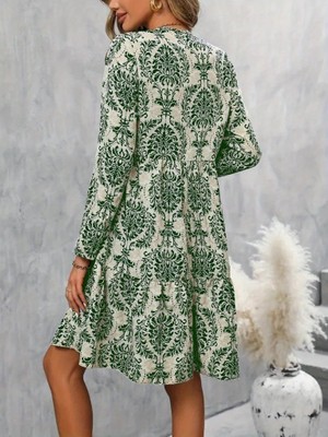 Emh Store Kadın Uzun Kollu V Yakalı Fırfırlı Mini Süprem Elbise