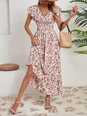 Emh Store Kadın Kısa Kollu Kruvaze Yaka Beli Lastikli Çiçek Desenli Elbise