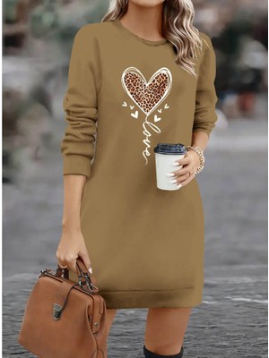 Emh Store Kadın Uzun Kollu Bisiklet Yaka Kalp Desenli Kısa Viskon Elbise