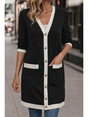 Emh Store Kadın Uzun Kollu Cepli Önden Düğmeli Uzun Modal Ceket Hırka