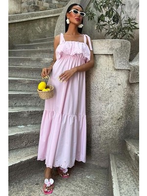 Emh Store Etek Ucu Brode Nakışlı Boyundan Bağlamalı Elbise 2881