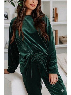 Emh Store Kadın Uzun Kollu Yuvarlak Yakalı Kadife Bluz ve Pantolon Takım