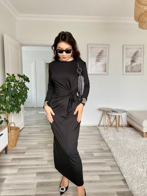 Emh Store Kadın Uzun Kollu Bisiklet Yaka Belden Çapraz Bağlamalı Yandan Yırtmaçlı Uzun Viskon Iki Iplik Elbise