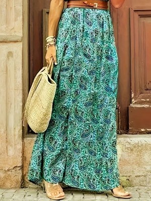 Emh Store Kadın Kısa Kollu V Yaka Etnik Desenli Yırtmaç Detay Süprem Elbise (Kemersiz)