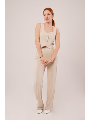 Emh Store Kalın Askılı Düğmeli Yelek ve Pantolon Bej Takım