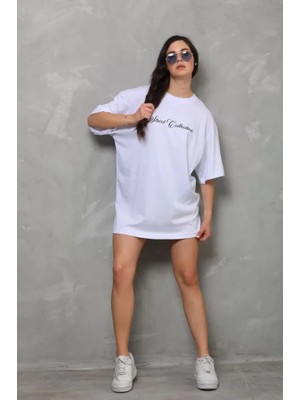 Emh Store Unisex Bisiklet Yaka Baskılı Oversize T-Shirt - Beyaz