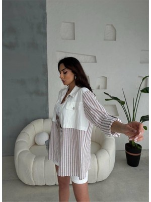 Emh Store Gabardin Şort - Gabardin - Çizgili Keten Garnili Ceket Takım - Kahverengi