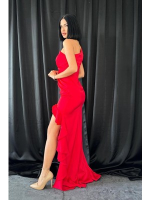 Emh Store Kırmızı Volanlı Saten Abiye