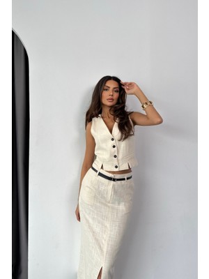 Emh Store Yelek-Önden Yırtmaçlı Etek Tk Şantuk Keten - Ham