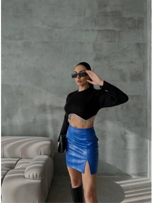 Emh Store Kapitone Deri Etek Yırtmaçlı - Saks