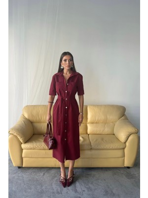 Emh Store Tencel Önden Düğmeli Kısa Kol Elbise - Bordo