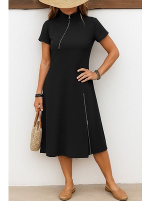 Emh Store Kadın Kısa Kollu Yakadan ve Etekten Fermuarlı Midi Viskon Iki Iplik Elbise