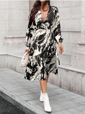 Emh Store Kadın Uzun Kollu Kruvaze Yakalı Yandan Bağlamalı Desenli Mini Modal Elbise