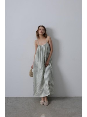 Emh Store Askılı Çizgi Desen Elbise - Haki