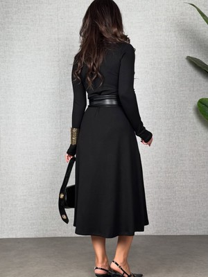 Emh Store Kadın Uzun Kollu Yakalı Belden Deri Detaylı Kuşaklı Yırtmaçlı Midi Viskon Iki Iplik Elbise