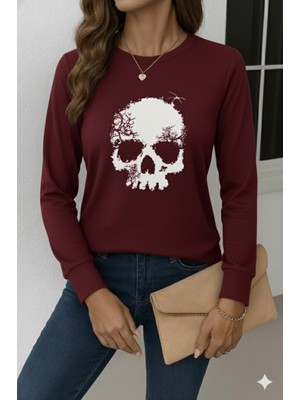 Emh Store Kadın Uzun Kollu Bisiklet Yaka Kurukafa Desenli Viskon Bluz