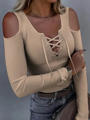 Emh Store Kadın Omuzlardan Açık Uzun Kollu Bağcıklı Kaşkorse Bluz