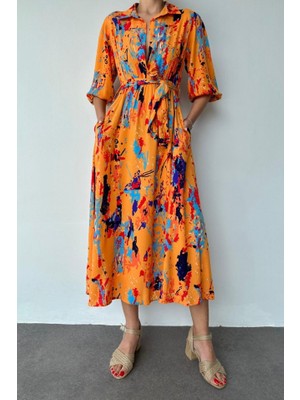 Emh Store Oranj Çiçek Desenli Kemerli Elbise