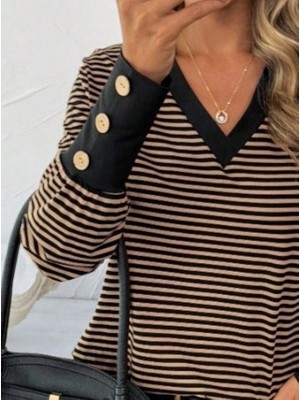 Emh Store Kadın Uzun Kollu V Yakalı Desenli Süprem Bluz