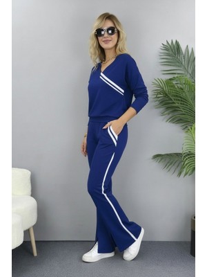 Emh Store Kadın Uzun Kollu V Yakalı Şerit Detaylı Viskon Iki Iplik Bluz ve Pantolon Ikili Takım