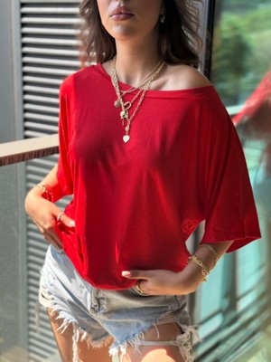 Emh Store Kadın Tek Omuzu Açık Kısa Kollu Salaş Viskon Bluz