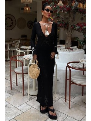 Emh Store Püskül Bağcık Detaylı V Yaka Ajurlu Elbise 2850