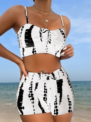 Emh Store Kadın Büzgü Detay Askılı Crop Mini Tayt Ikili Takım