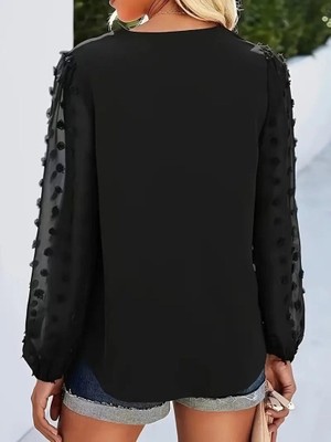 Emh Store Kadın Uzun Kollu V Yakalı Kolları Popon Detaylı Sandy Bluz