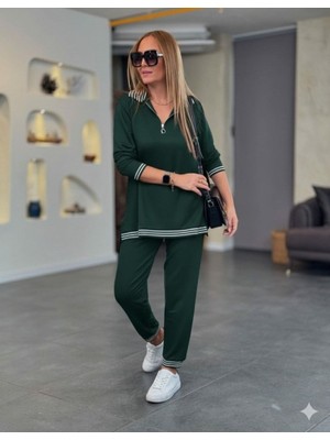 Emh Store Kadın Uzun Kollu Fermuarlı Şerit Detay Desenli Alt Üst Ikili Viskon Iki Iplik Takım