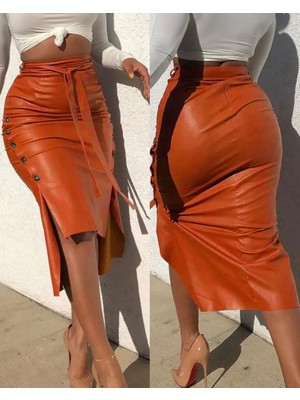 Emh Store Kadın Yüksek Bel Kuşaklı Yanlardan Düğmeli Mini Deri Etek
