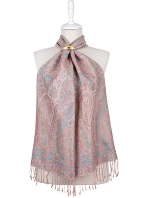 Bursa İpek Pembe Turkuaz Jamawar Dokuma Ipek Fular