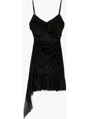 Koton Asimetrik Ip Askılı V Yaka Mini Taşlı Abiye Elbise