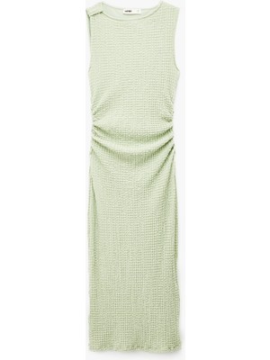 Koton Bürümcük Kumaş Drapeli Kayık Yaka Kolsuz Slim Fit Uzun Kalem Elbise