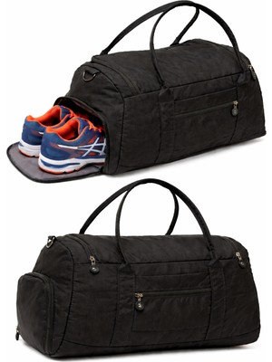 Kaff Siyah Krinkıl Kumaş Ayakkabı Bölmeli 0818 Önü Cepli  Omuz Askılı Spor ve Seyahat Çantası