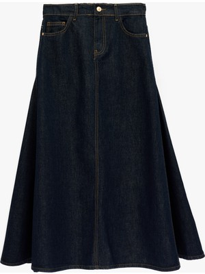 Koton Pamuklu Düğmeli Volanlı Uzun Denim Etek