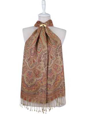 Bursa İpek Bej Kırmızı Jamawar Dokuma Ipek Fular