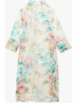 Koton Uzun Kollu Çiçekli Oversize Şifon Elbise