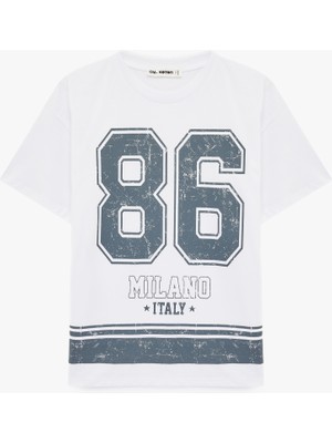 Koton Kısa Kollu Bisiklet Yaka Baskılı Oversize Tişört