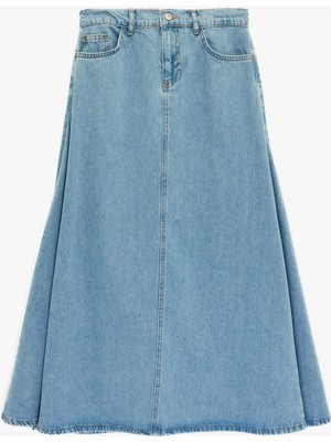 Koton Pamuklu Düğmeli Volanlı Uzun Denim Etek