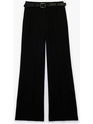 Koton Straight Fit Cepli Düz Bol Paça Kemerli Kumaş Pantolon