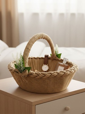 Bonvos Nişan, Nikah, Kına ve Söz Sepeti – Beyaz Lavanta Süslemeli Saplı Oval Sepet