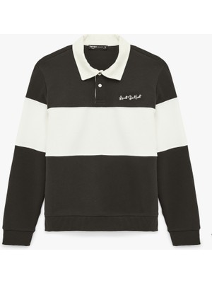 Koton Uzun Kollu Işlemeli Renk Bloklu Polo Yaka Sweatshirt