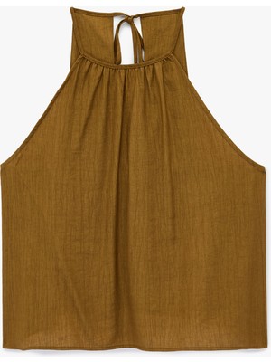 Koton Viskon Karışımlı Kolsuz Bağlama Detaylı Dokulu Halter Yaka Bluz