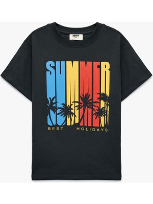 Koton Baskılı Kısa Kollu Bisiklet Yaka Pamuklu Tişört