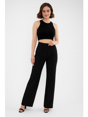 Eceylül Moda Kadın Siyah Scuba Krep Önü Çımalı Yüksek Bel Palazzo Pantolon(Kısa Süreligine Lansman Fiyatı)