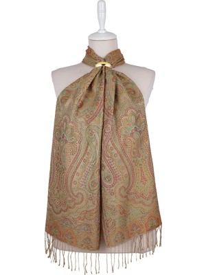 Bursa İpek Bej Yeşil Jamawar Dokuma Ipek Fular